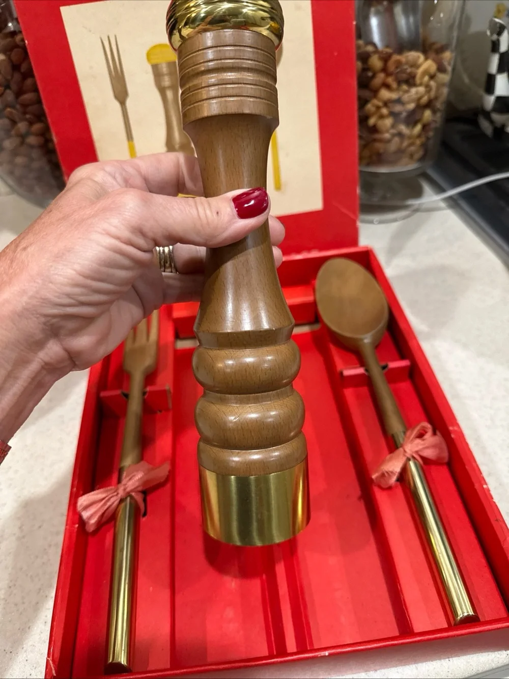 Vintage Wooden Salt & Pepper Grinder Set with Serving Utensils - wood & brass